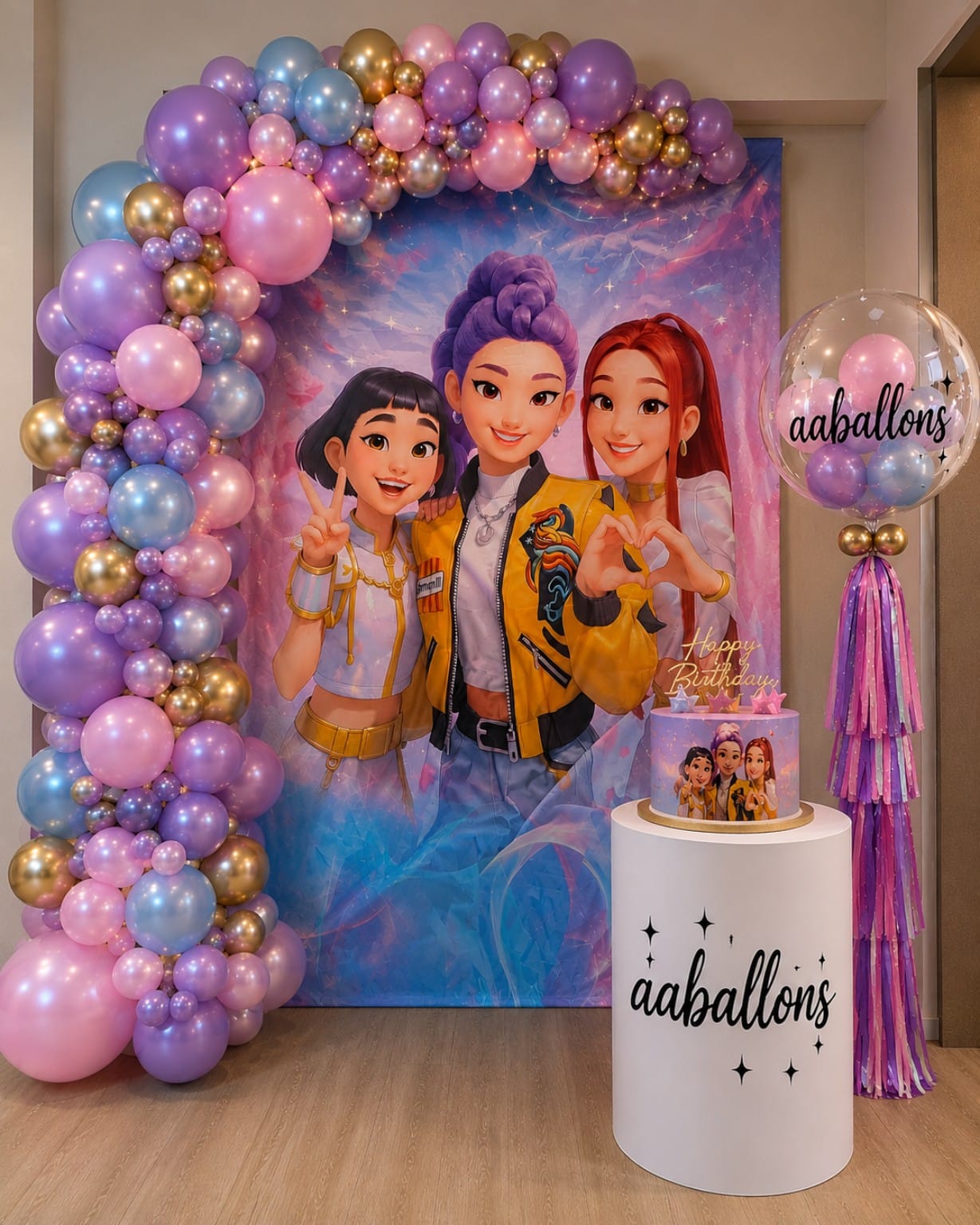 K-pop themed birthday balloon decoration in pink purple blue and gold by AABallons